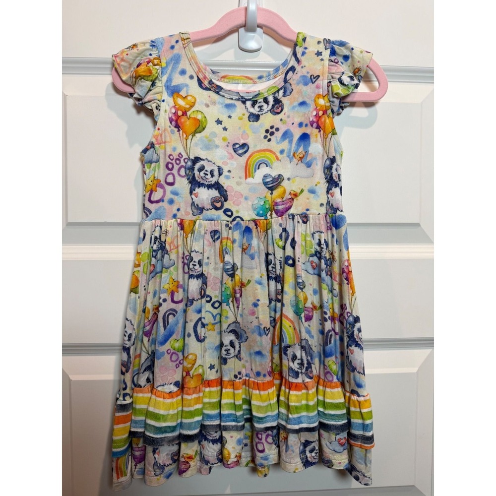 Ollee and Belle Kids Panda Rainbow Bamboo Viscose Flutter Sleeve Dress 4T